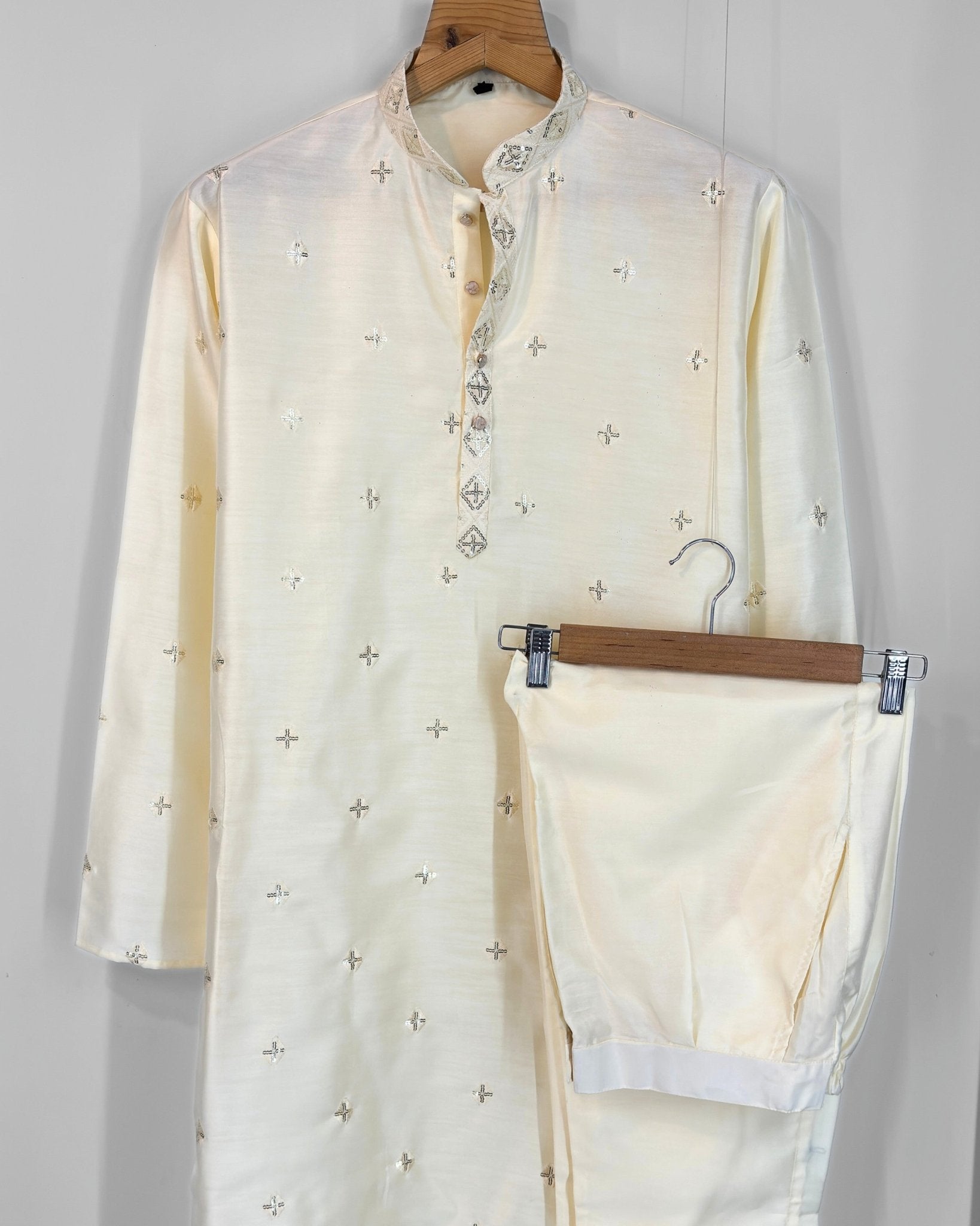 Men’s Heavy Designer Long Kurta Pajama – Cream Embroidered - Jaipuri Crown