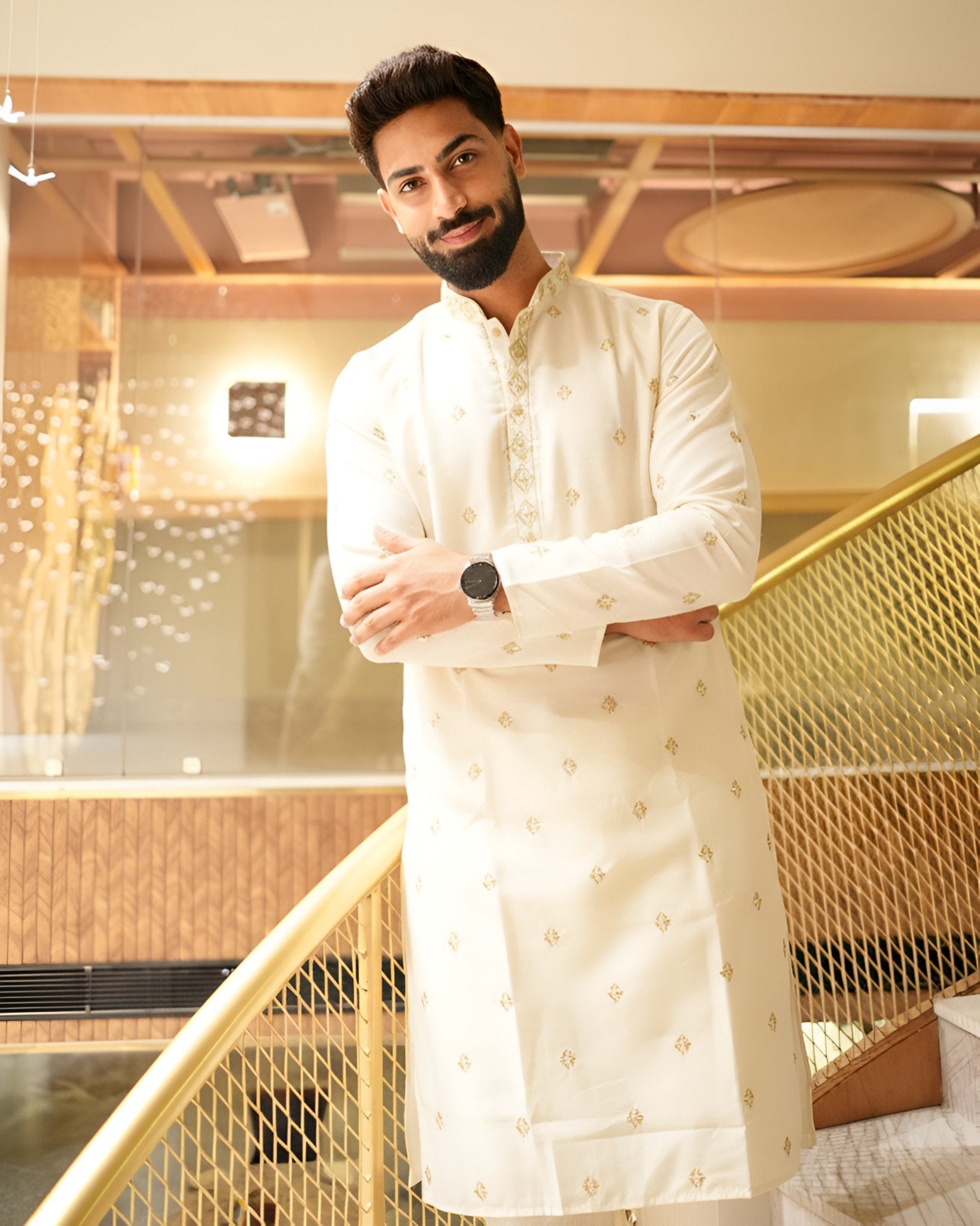 Men’s Heavy Designer Long Kurta Pajama – Cream Embroidered - Jaipuri Crown