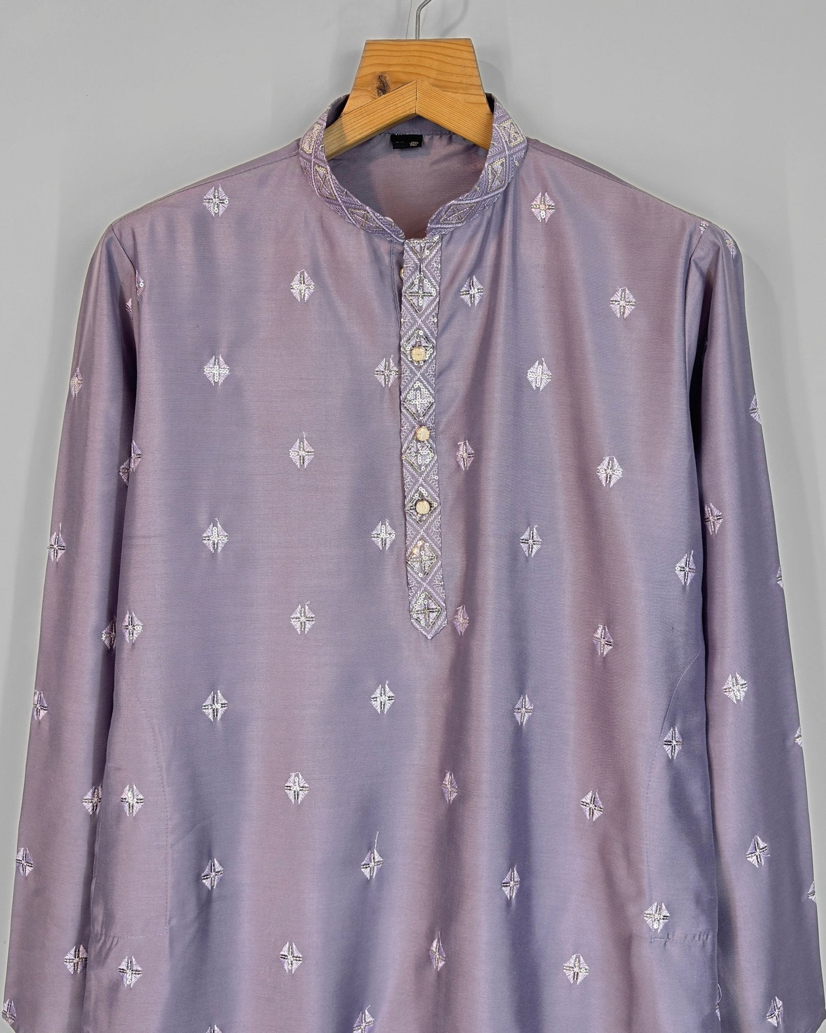 Men’s Heavy Designer Long Kurta Pajama – Lavender Embroidered - Jaipuri Crown
