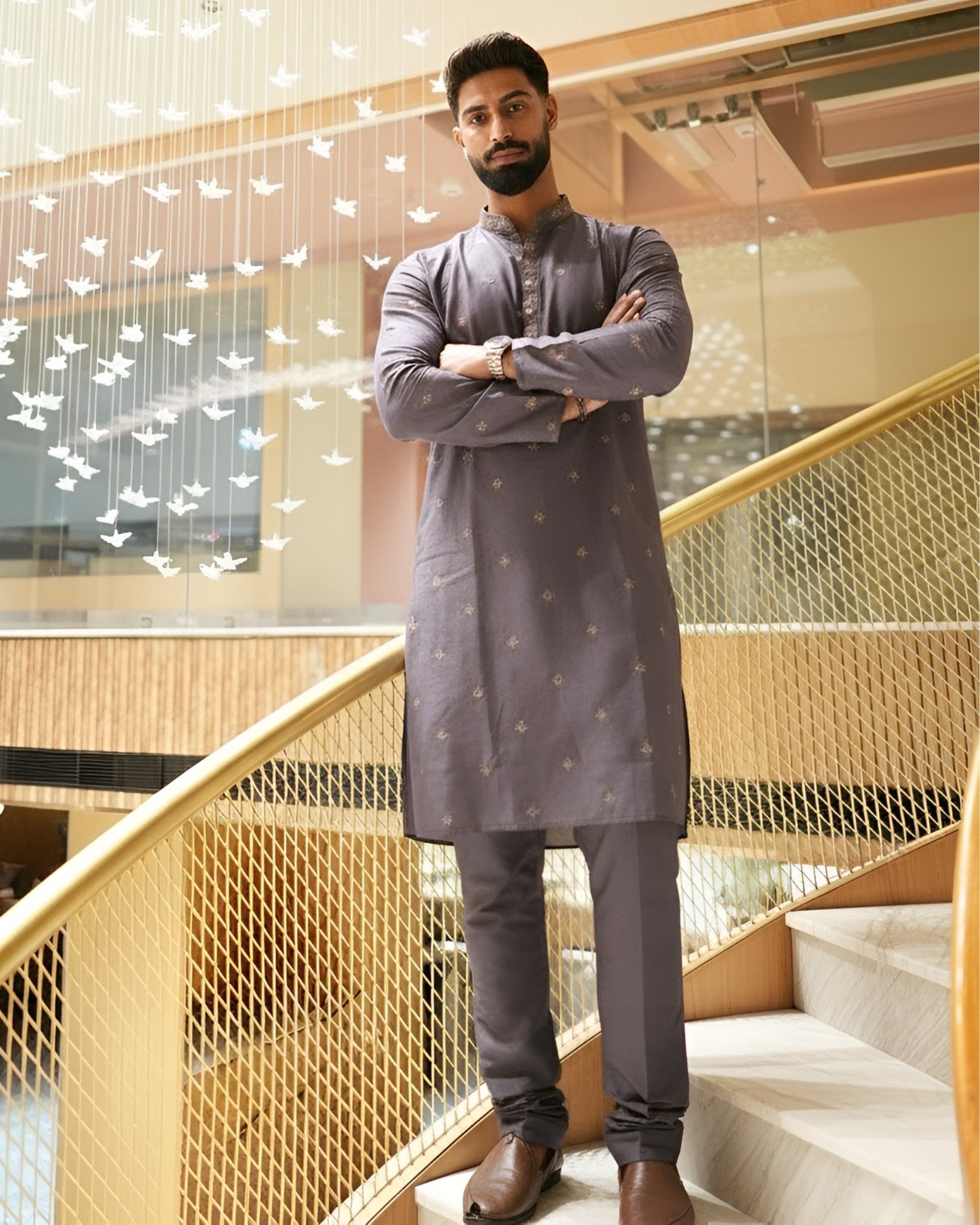 Men’s Heavy Designer Long Kurta Pajama – Lavender Embroidered - Jaipuri Crown