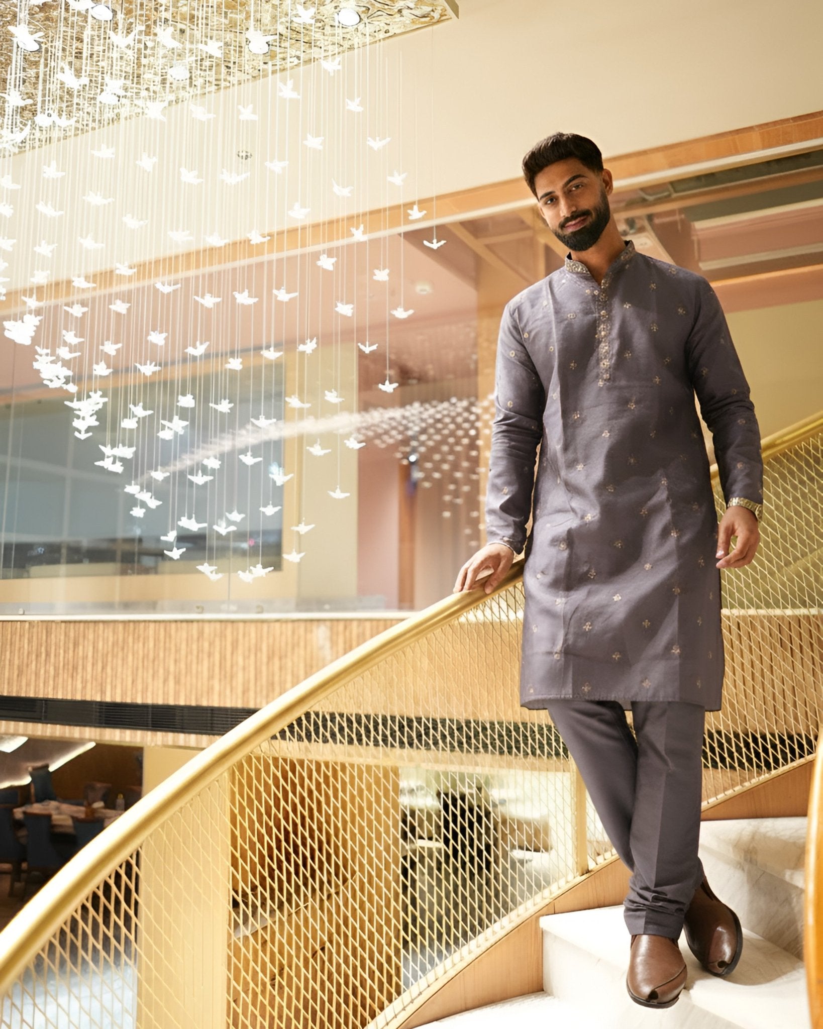 Men’s Heavy Designer Long Kurta Pajama – Lavender Embroidered - Jaipuri Crown
