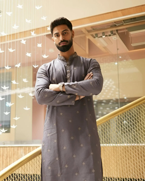 Men’s Heavy Designer Long Kurta Pajama – Lavender Embroidered - Jaipuri Crown