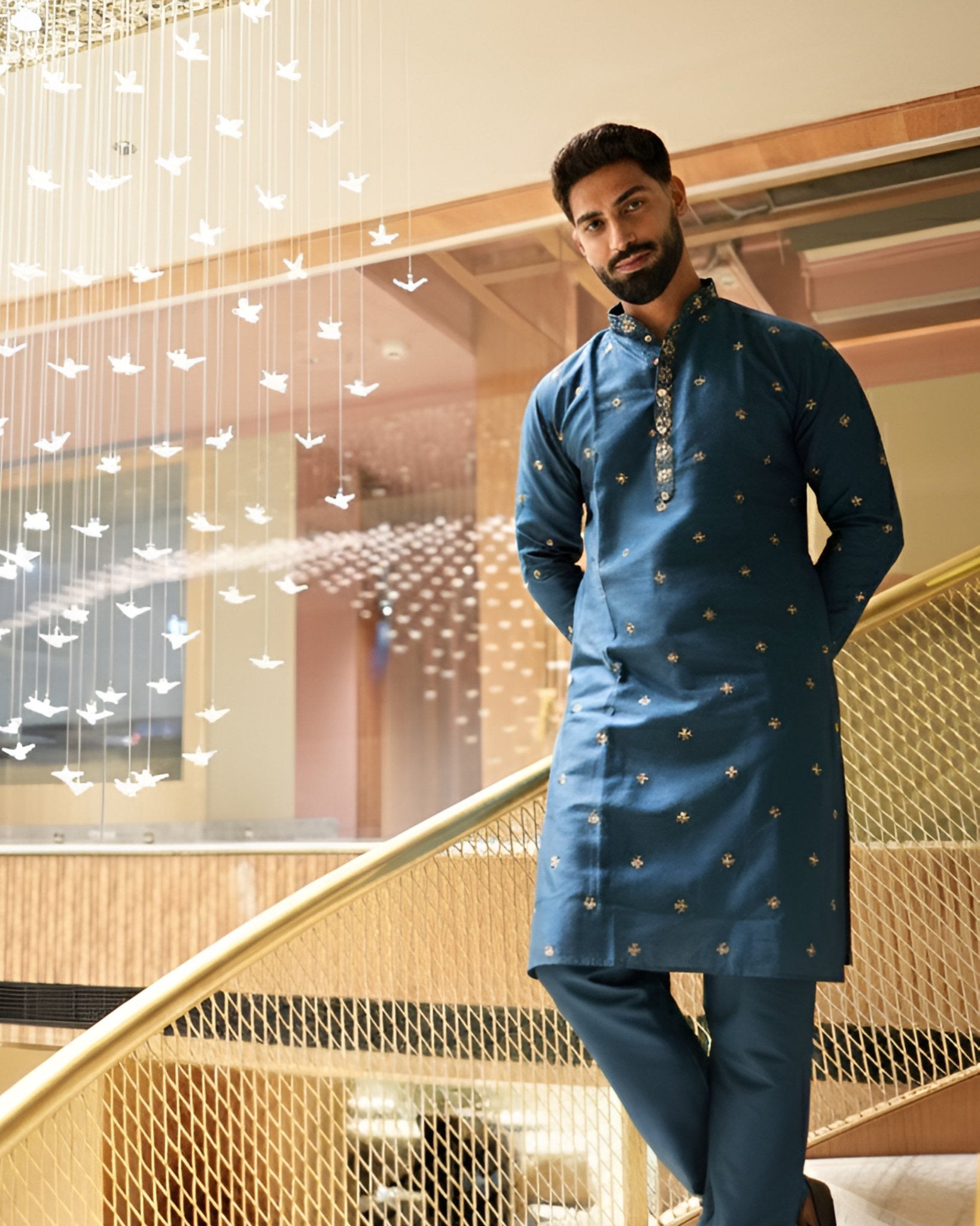 Men’s Heavy Designer Long Kurta Pajama – Midnight Blue Embroidered - Jaipuri Crown
