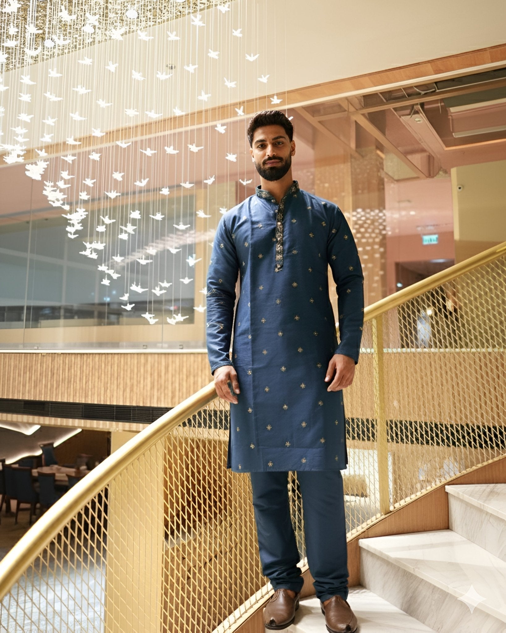 Men’s Heavy Designer Long Kurta Pajama – Midnight Blue Embroidered - Jaipuri Crown