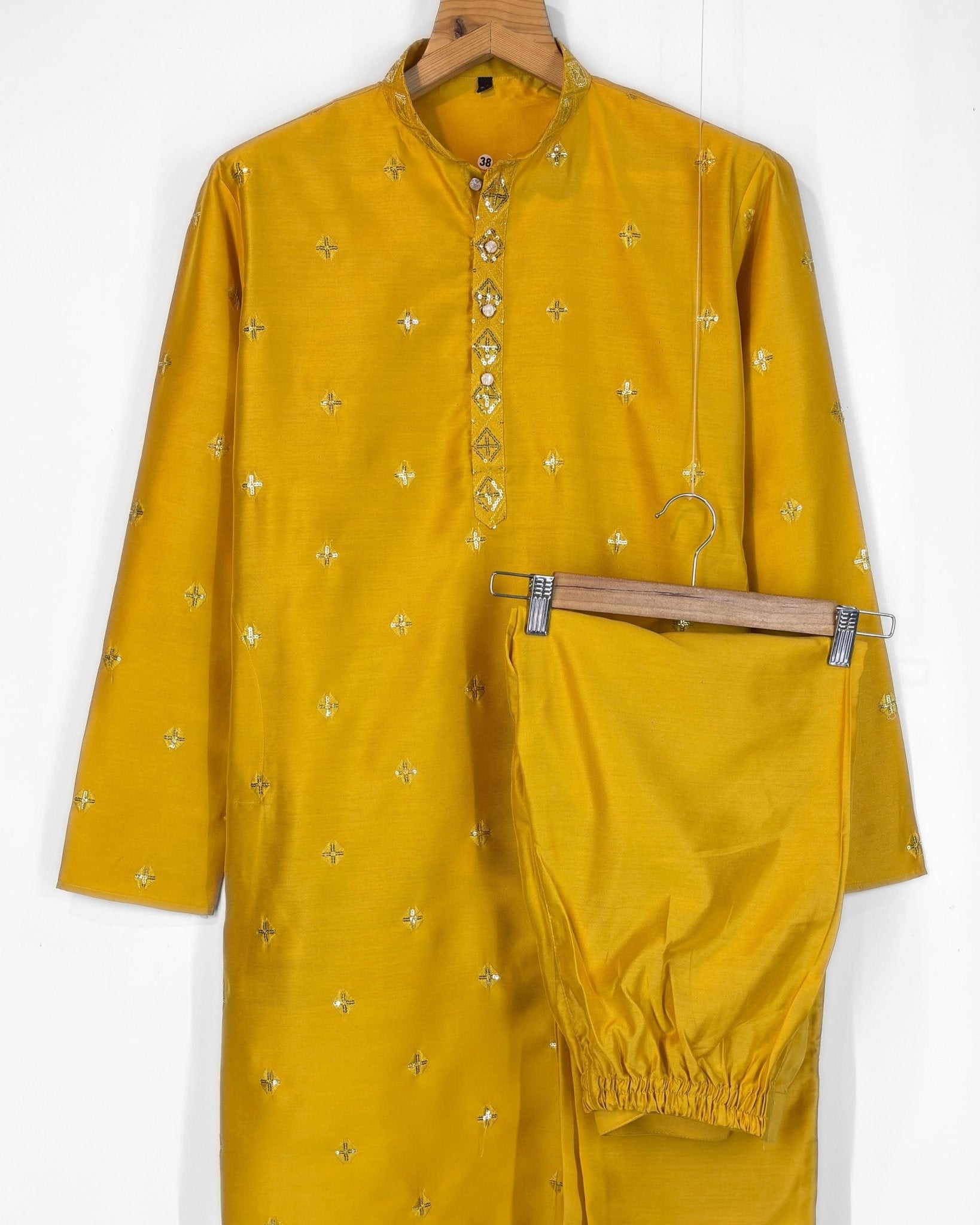 Men’s Heavy Designer Long Kurta Pajama – Mustard Embroidered - Jaipuri Crown