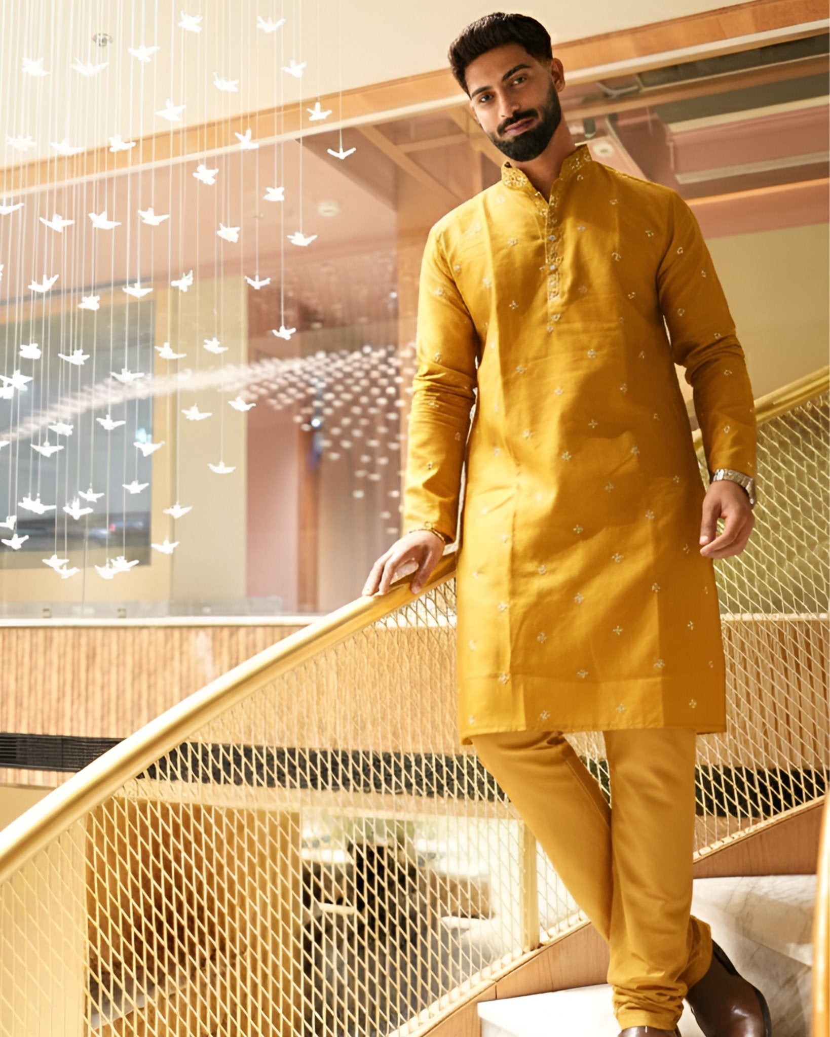 Men’s Heavy Designer Long Kurta Pajama – Mustard Embroidered - Jaipuri Crown