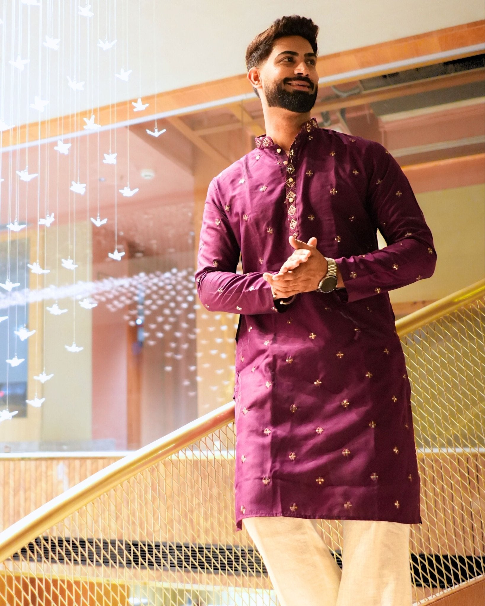 Men’s Heavy Designer Long Kurta Pajama – Purple Embroidered - Jaipuri Crown
