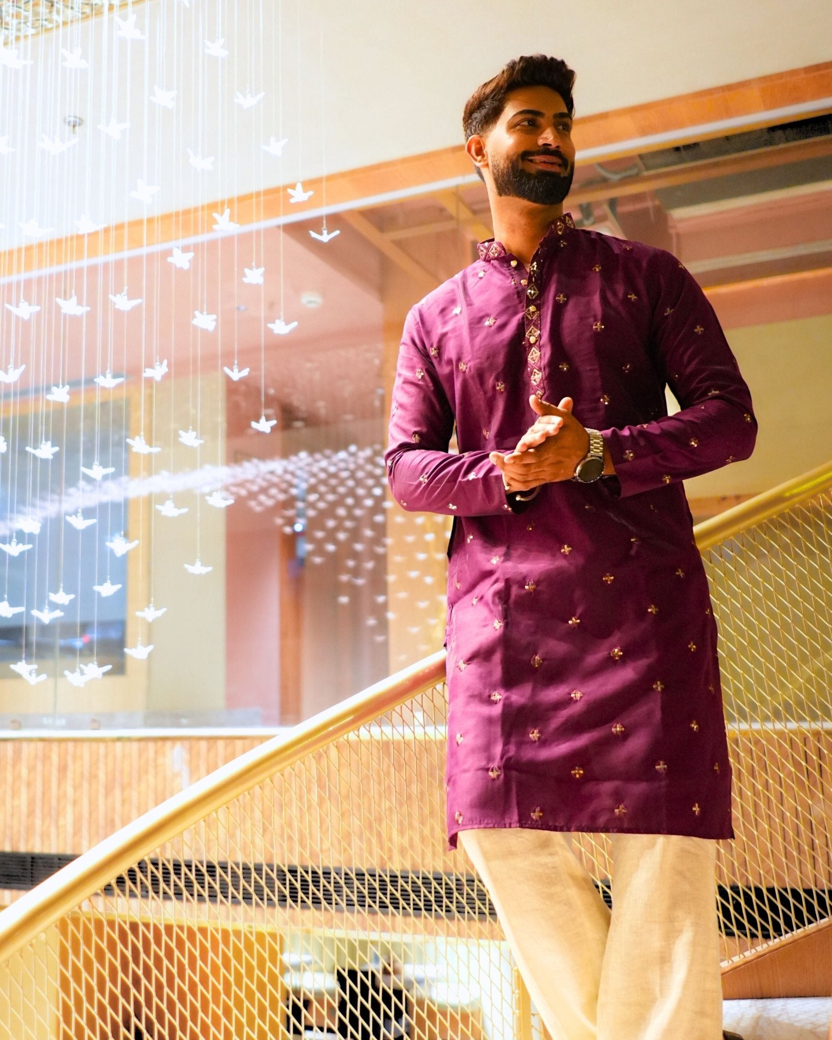 Men’s Heavy Designer Long Kurta Pajama – Purple Embroidered - Jaipuri Crown