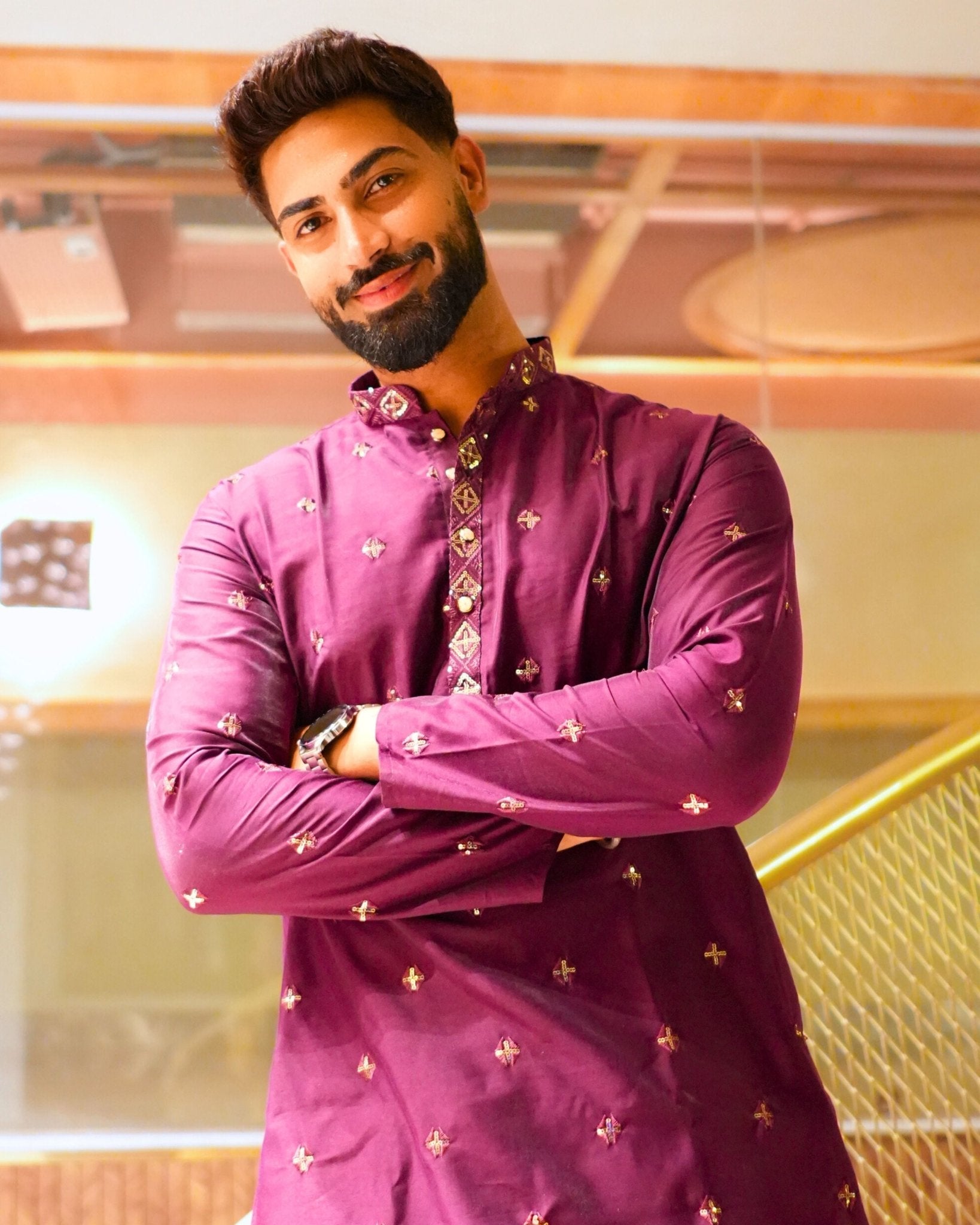 Men’s Heavy Designer Long Kurta Pajama – Purple Embroidered - Jaipuri Crown