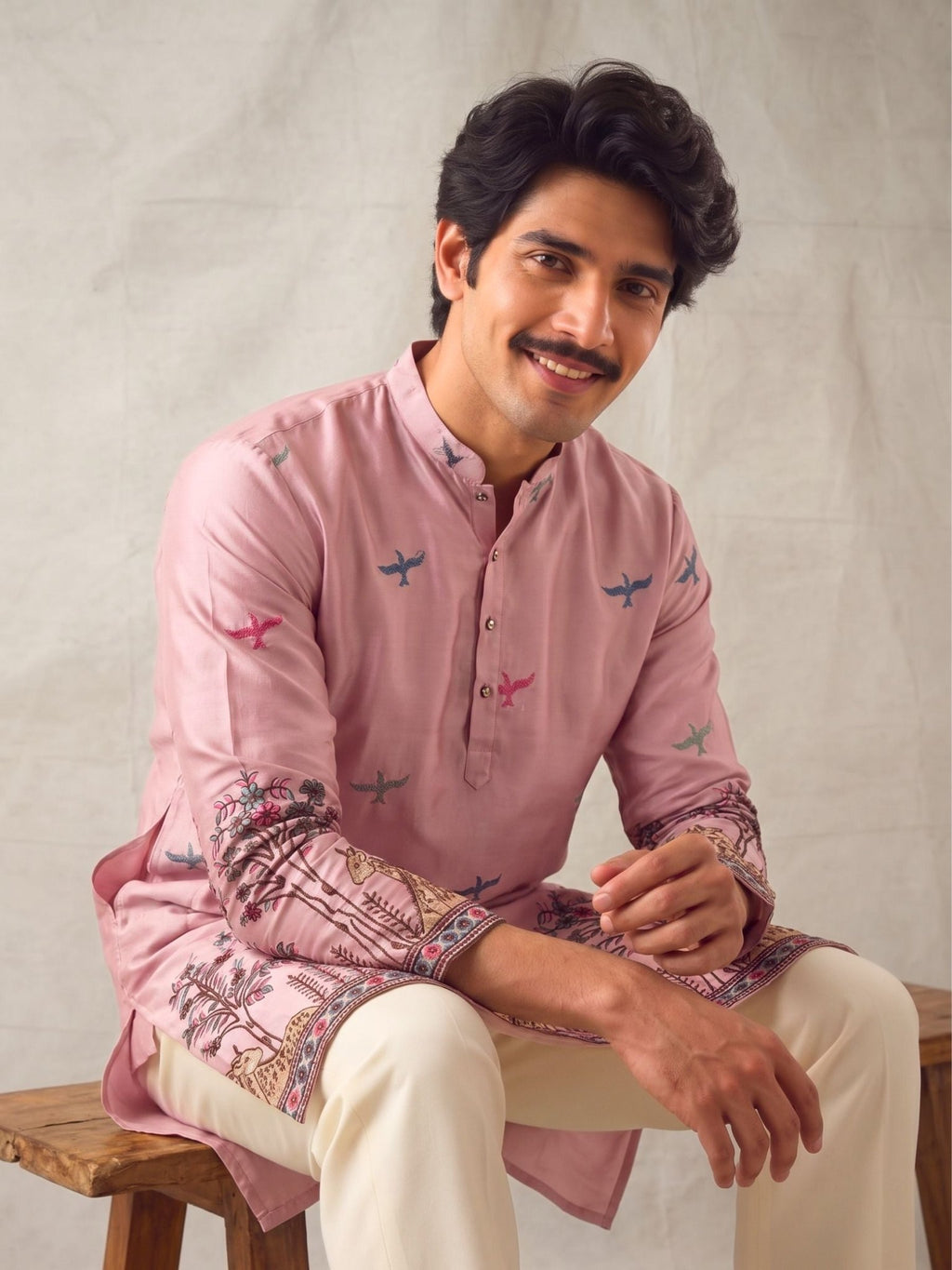 Men’s Heavy Designer Long Kurta – Pink Satin Embroidered - Jaipuri Crown