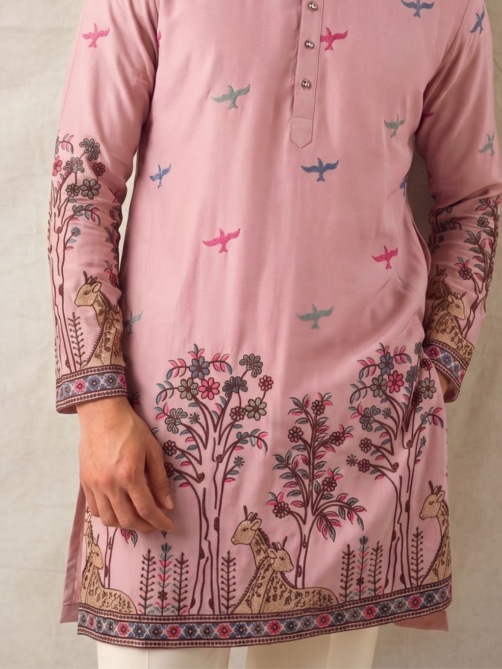 Men’s Heavy Designer Long Kurta – Pink Satin Embroidered - Jaipuri Crown