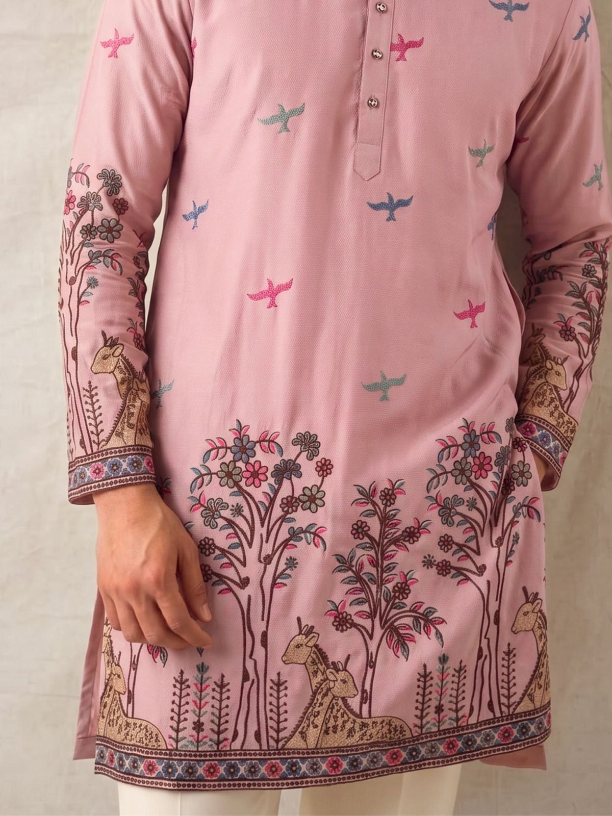 Men’s Heavy Designer Long Kurta – Pink Satin Embroidered - Jaipuri Crown