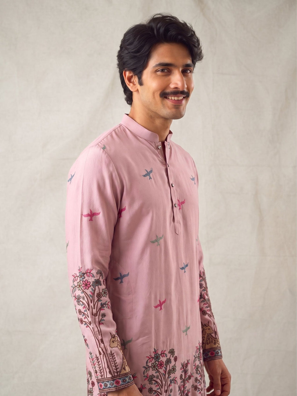Men’s Heavy Designer Long Kurta – Pink Satin Embroidered - Jaipuri Crown