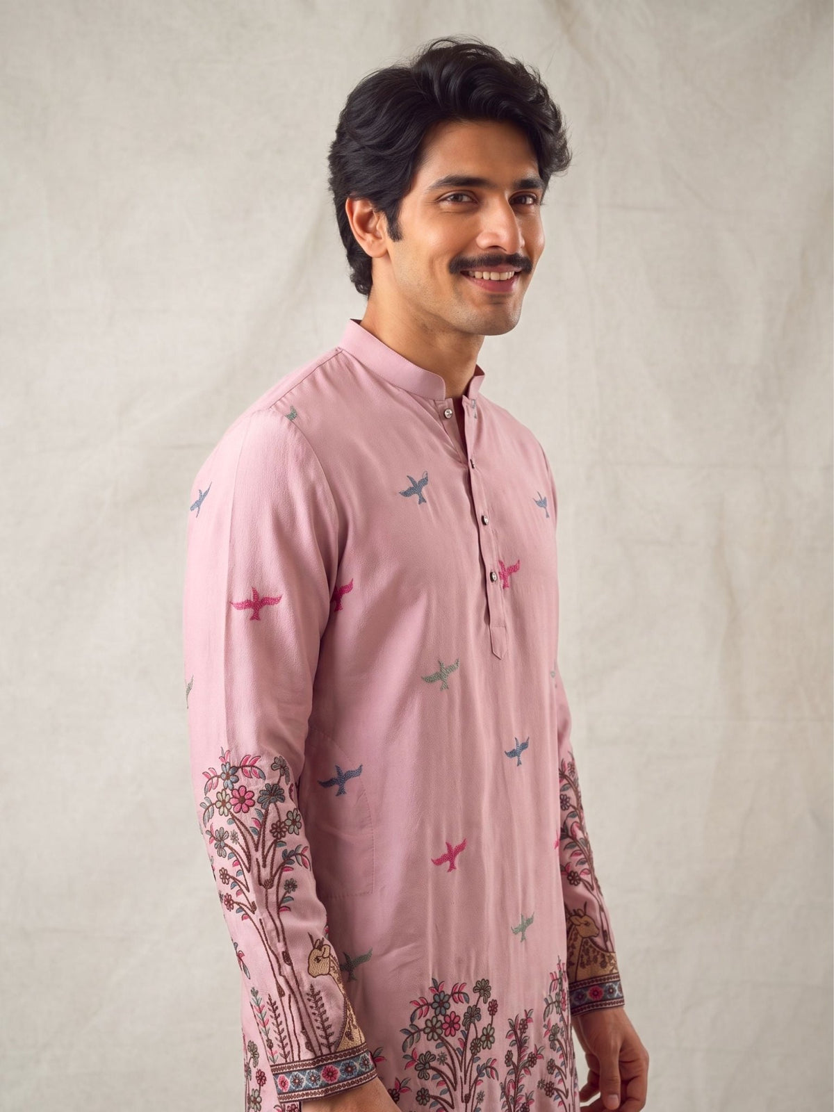 Men’s Heavy Designer Long Kurta – Pink Satin Embroidered - Jaipuri Crown