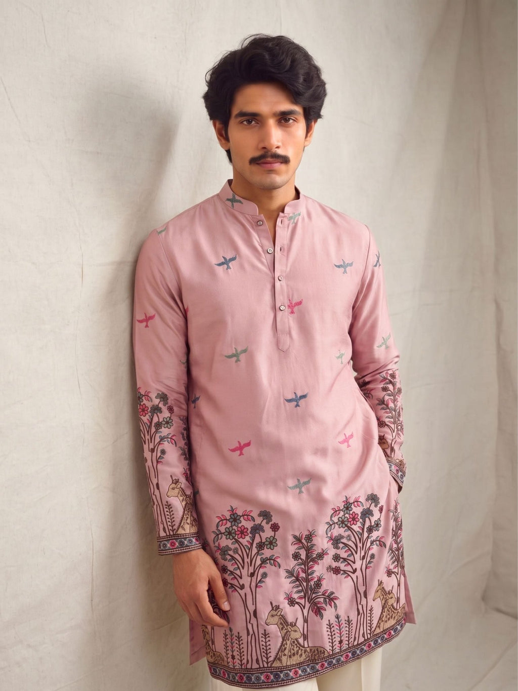 Men’s Heavy Designer Long Kurta – Pink Satin Embroidered - Jaipuri Crown