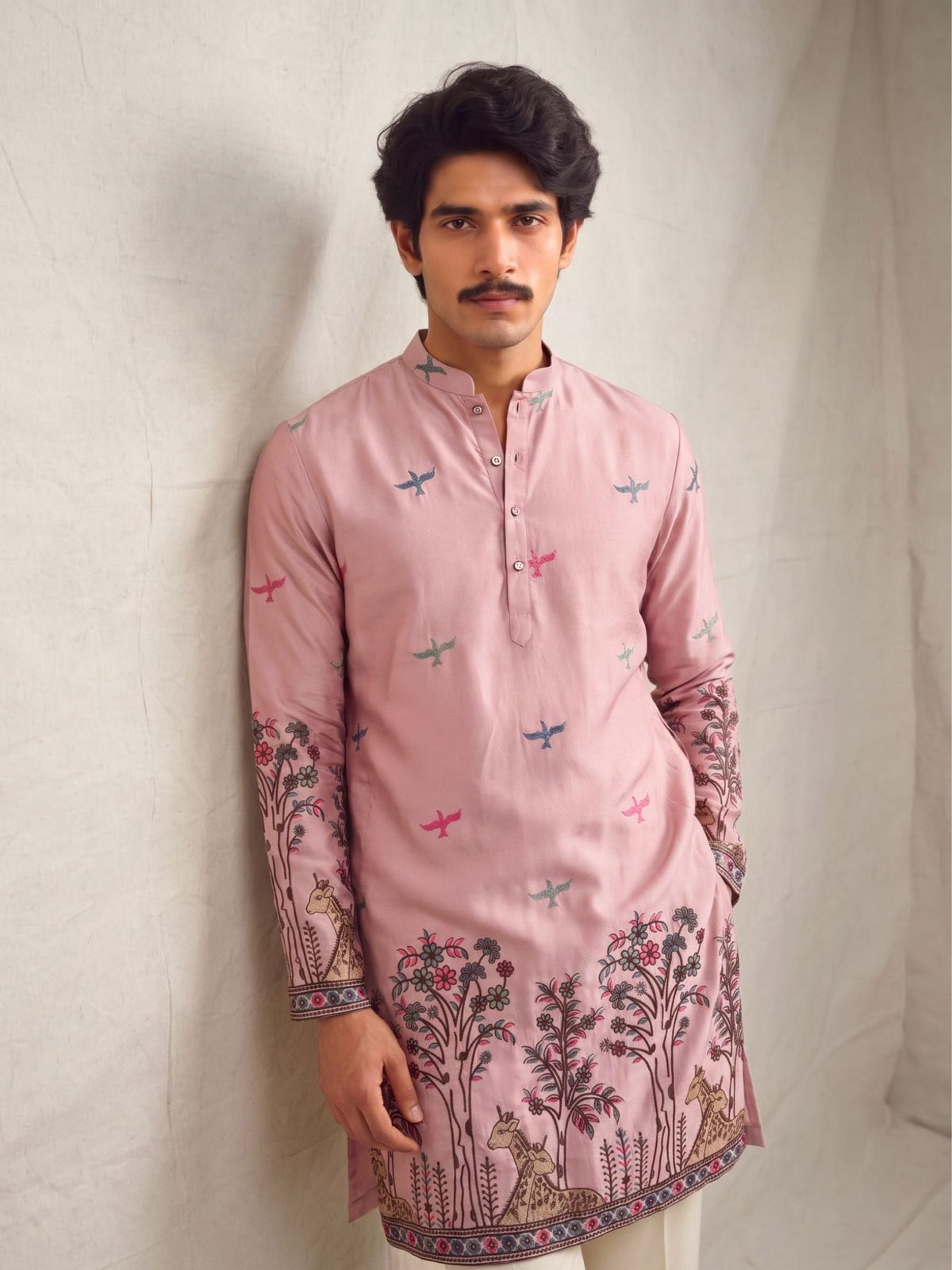 Men’s Heavy Designer Long Kurta – Pink Satin Embroidered - Jaipuri Crown