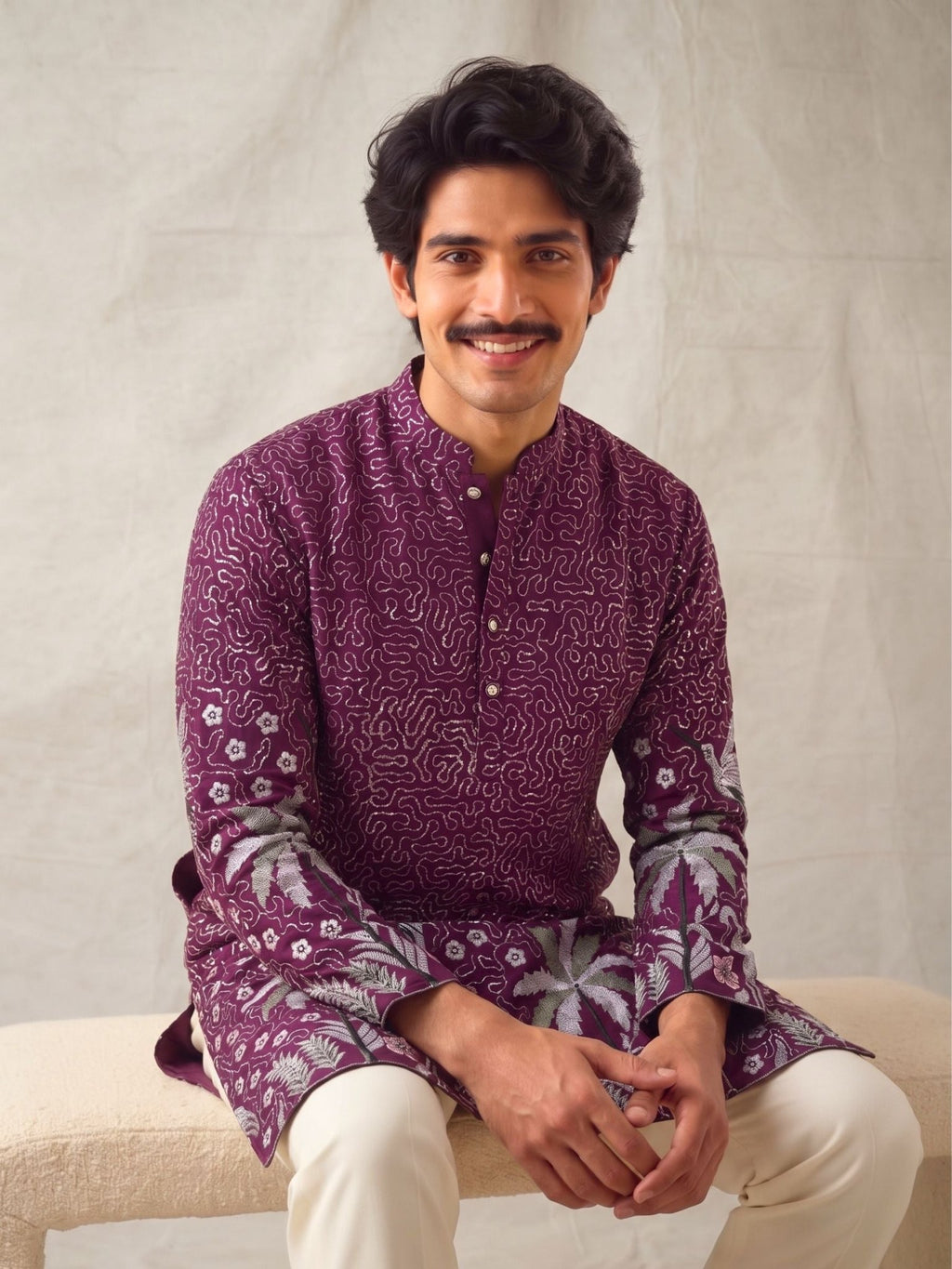 Men’s Heavy Designer Long Kurta – Purple Embroidered - Jaipuri Crown