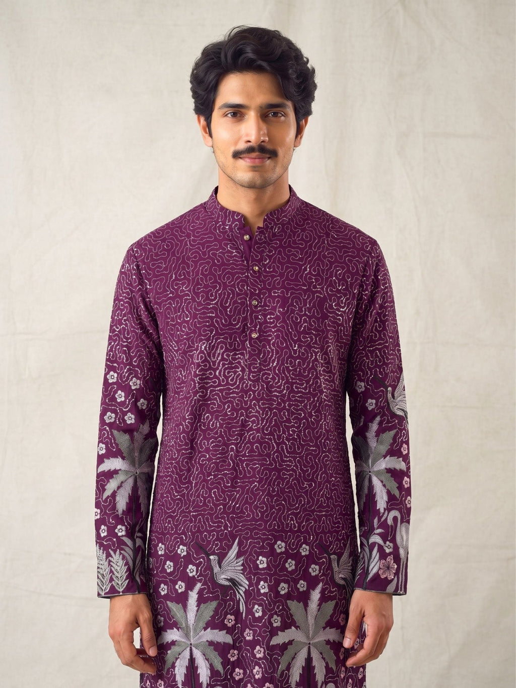 Men’s Heavy Designer Long Kurta – Purple Embroidered - Jaipuri Crown
