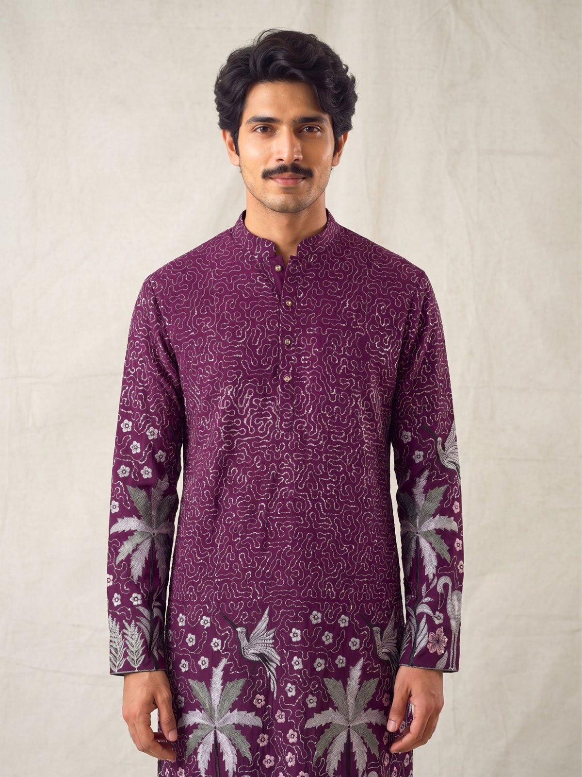 Men’s Heavy Designer Long Kurta – Purple Embroidered - Jaipuri Crown