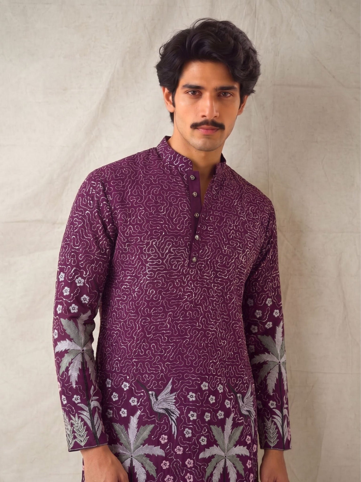 Men’s Heavy Designer Long Kurta – Purple Embroidered - Jaipuri Crown