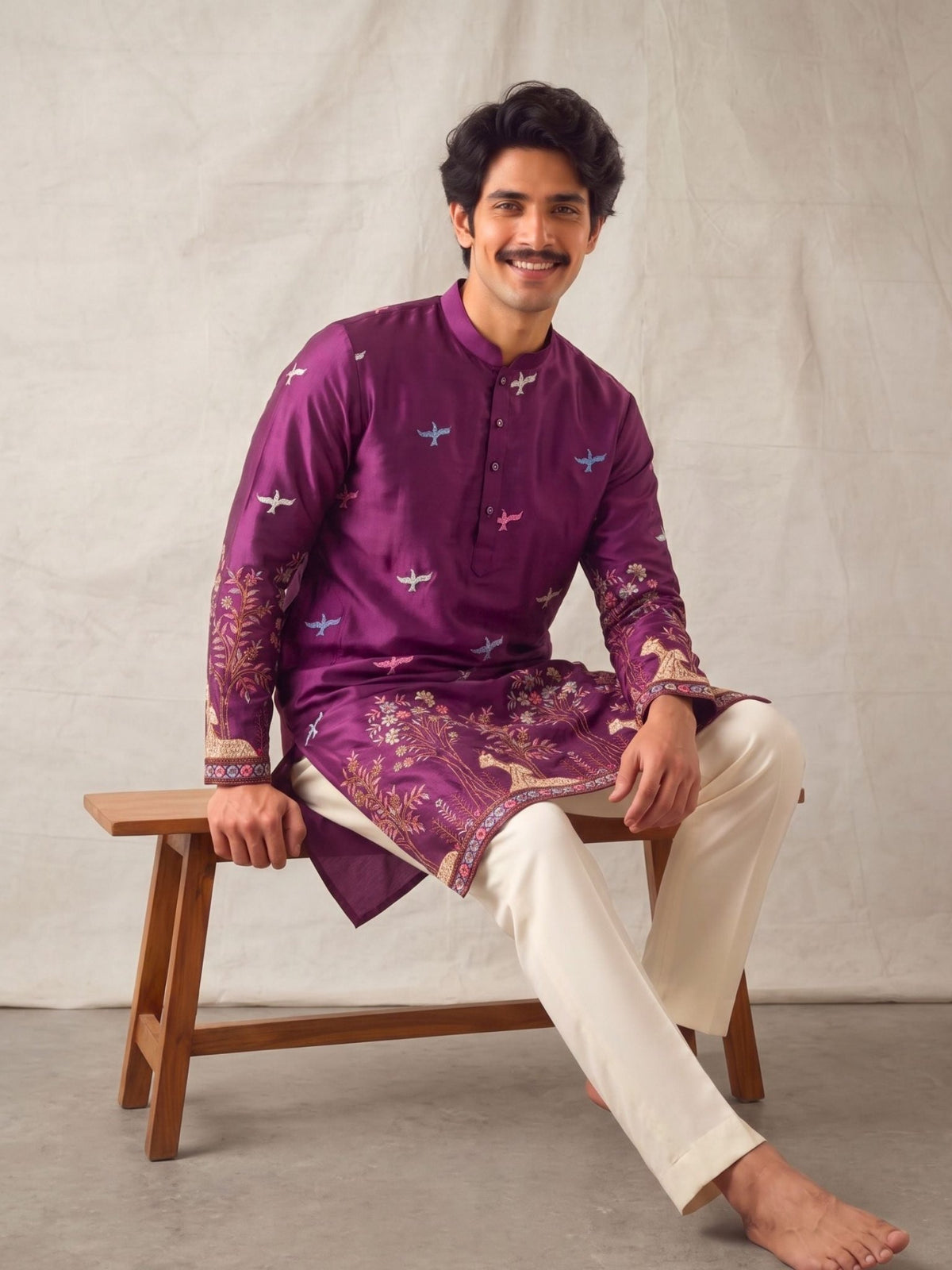 Men’s Heavy Designer Long Kurta – Purple Satin Embroidered - Jaipuri Crown