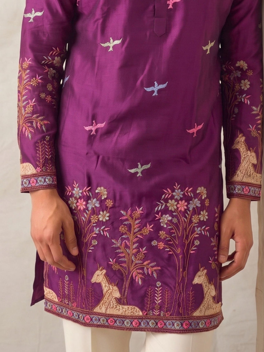 Men’s Heavy Designer Long Kurta – Purple Satin Embroidered - Jaipuri Crown