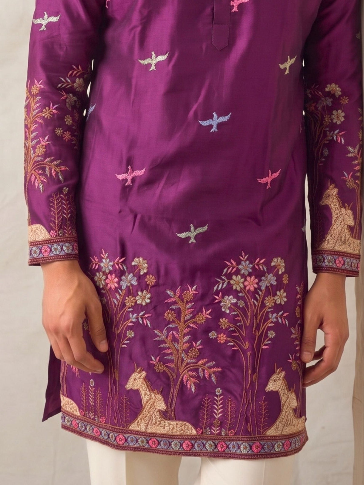 Men’s Heavy Designer Long Kurta – Purple Satin Embroidered - Jaipuri Crown
