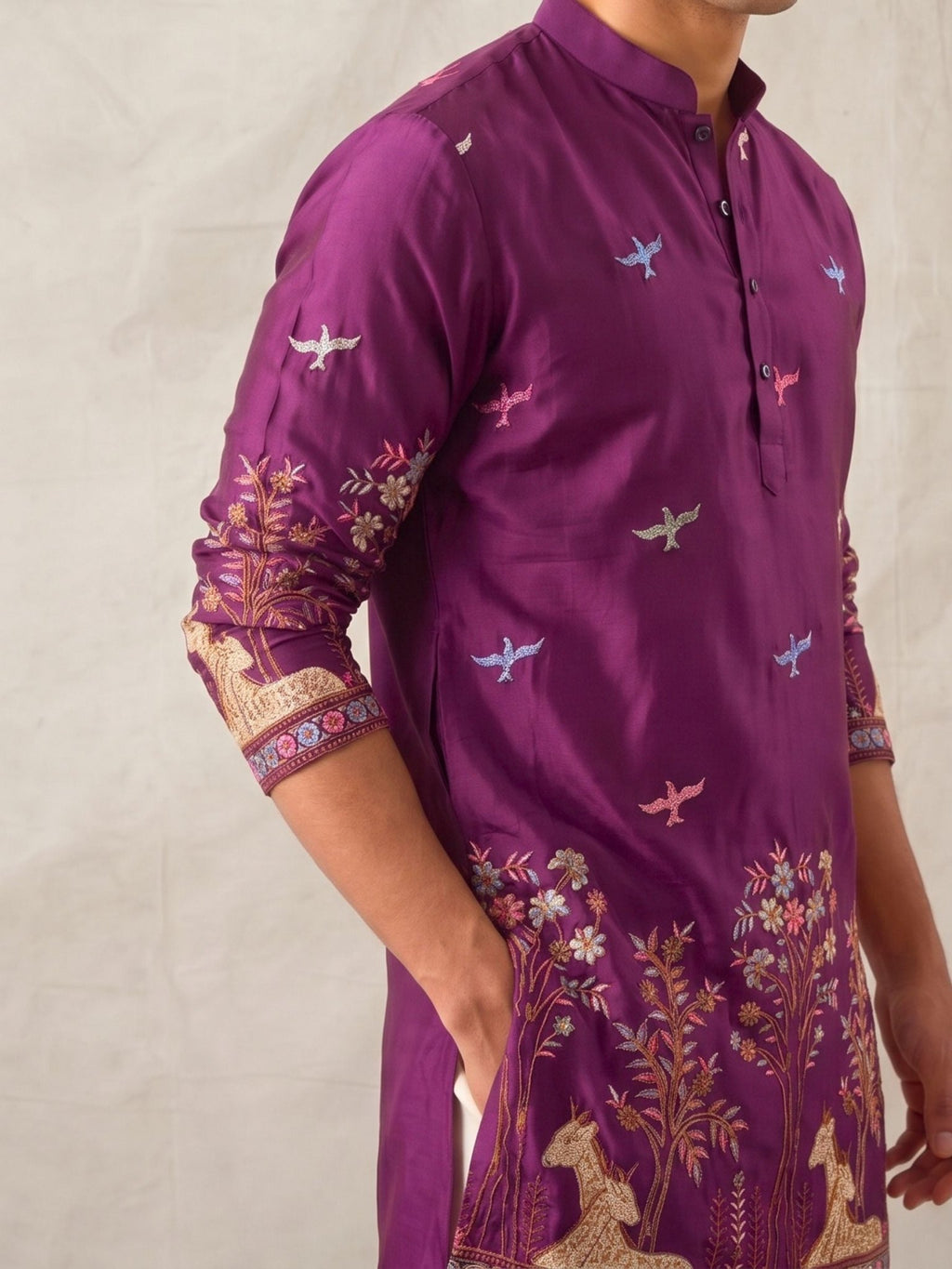 Men’s Heavy Designer Long Kurta – Purple Satin Embroidered - Jaipuri Crown