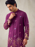 Men’s Heavy Designer Long Kurta – Purple Satin Embroidered - Jaipuri Crown