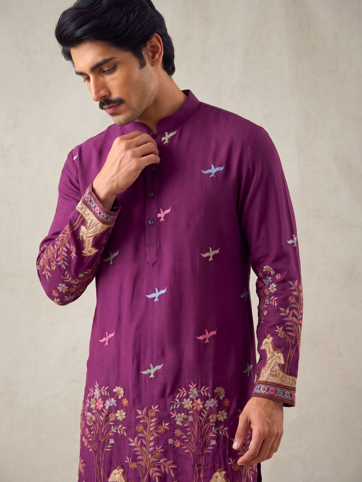 Men’s Heavy Designer Long Kurta – Purple Satin Embroidered - Jaipuri Crown