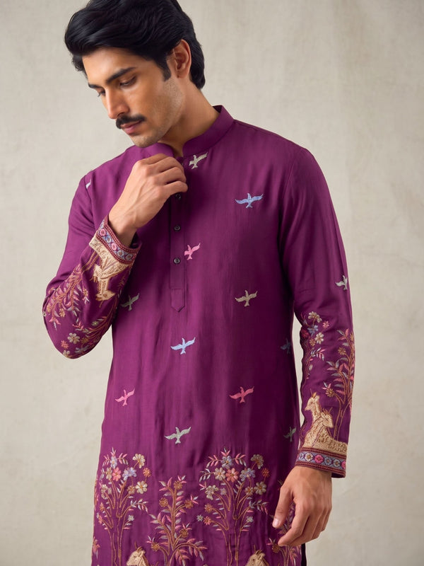 Men’s Heavy Designer Long Kurta – Purple Satin Embroidered - Jaipuri Crown