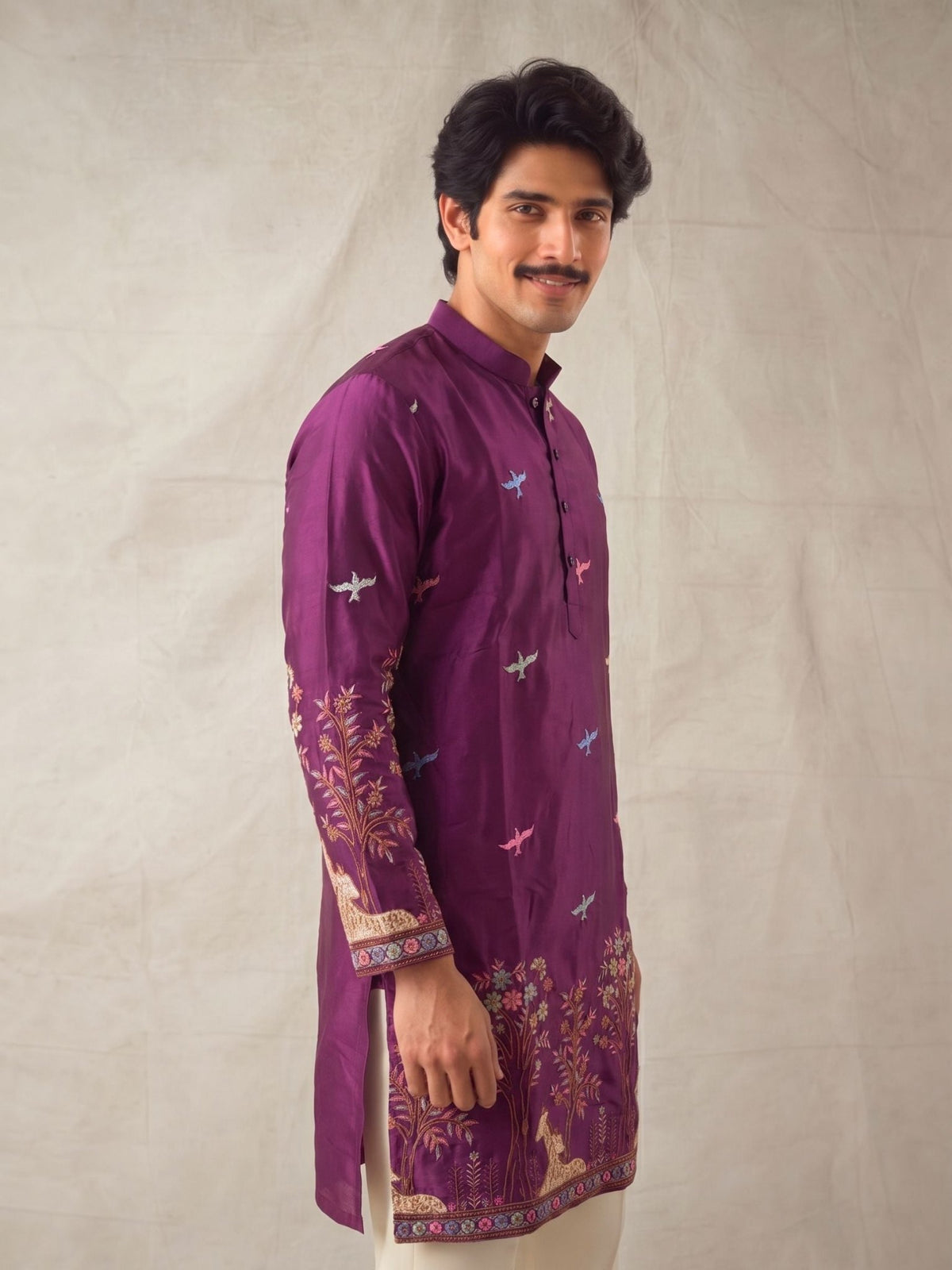 Men’s Heavy Designer Long Kurta – Purple Satin Embroidered - Jaipuri Crown