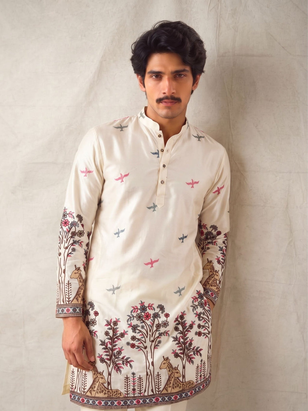 Men’s Heavy Designer Long Kurta – White Satin Embroidered - Jaipuri Crown