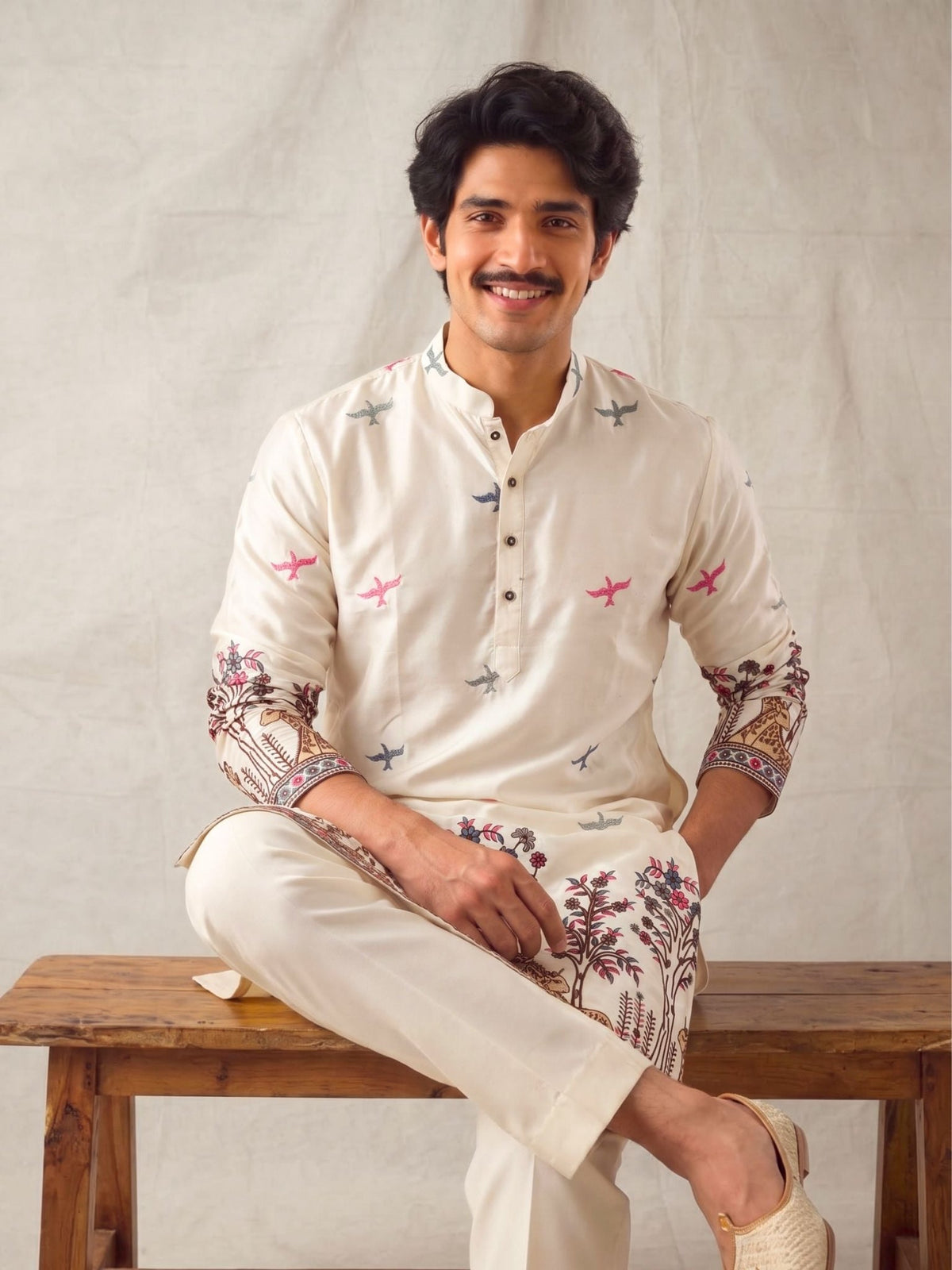 Men’s Heavy Designer Long Kurta – White Satin Embroidered - Jaipuri Crown