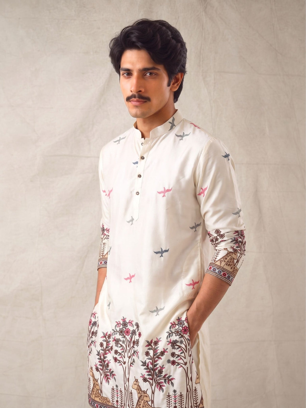 Men’s Heavy Designer Long Kurta – White Satin Embroidered - Jaipuri Crown