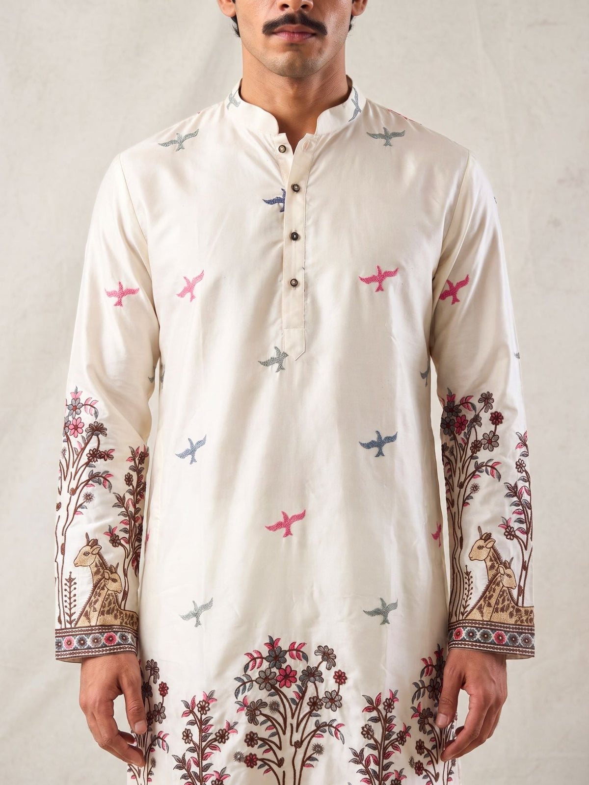 Men’s Heavy Designer Long Kurta – White Satin Embroidered - Jaipuri Crown