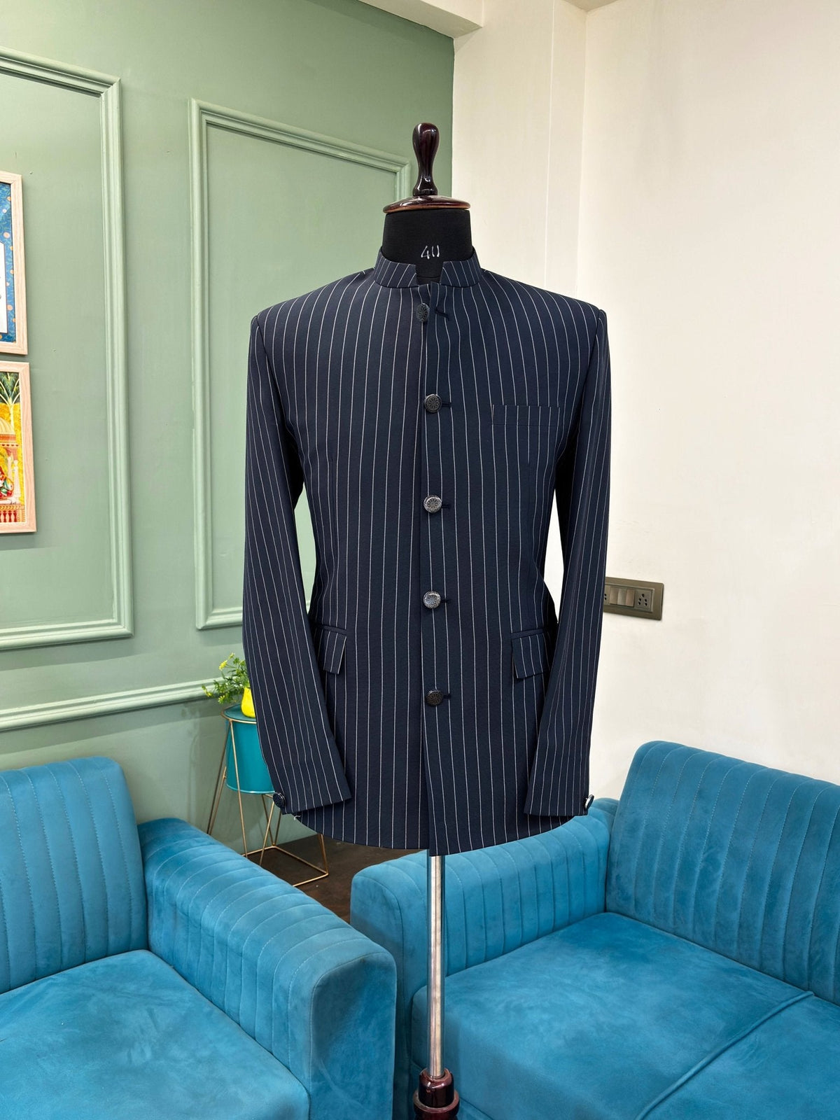 Men's Jodhpuri Bandhgala Stripes Jacket - Navy Blue - Jaipuri Crown
