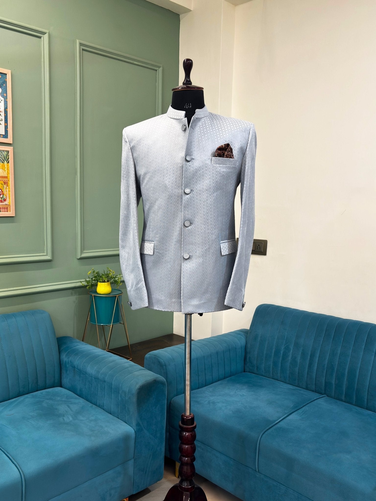 Men's Jodhpuri Bandhgala Textured Jacket - Light Silver - Grey - Jaipuri Crown