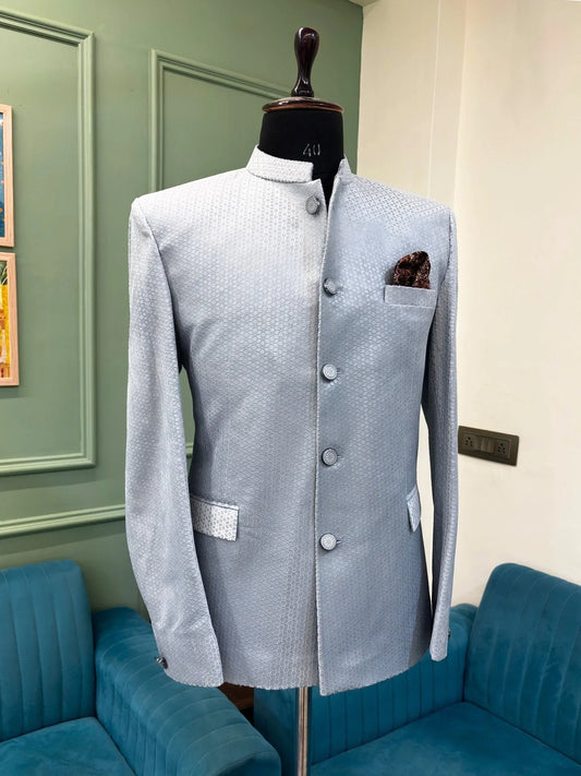 Men's Jodhpuri Bandhgala Textured Jacket - Light Silver - Grey - Jaipuri Crown 1536