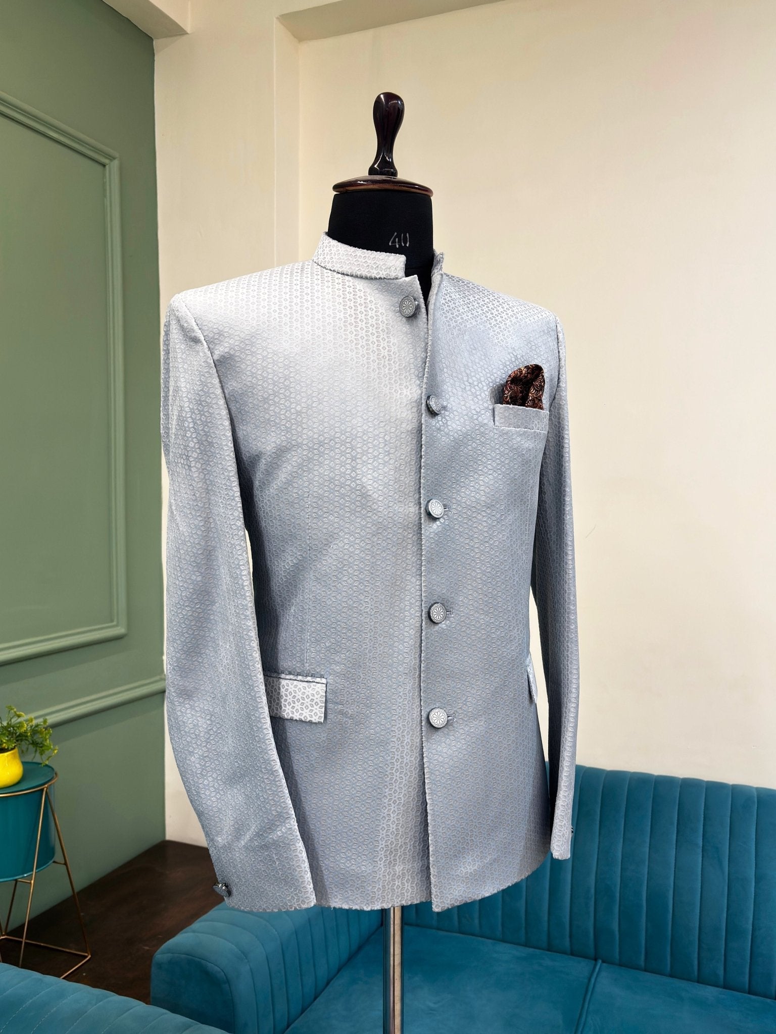 Men's Jodhpuri Bandhgala Textured Jacket - Light Silver - Grey - Jaipuri Crown