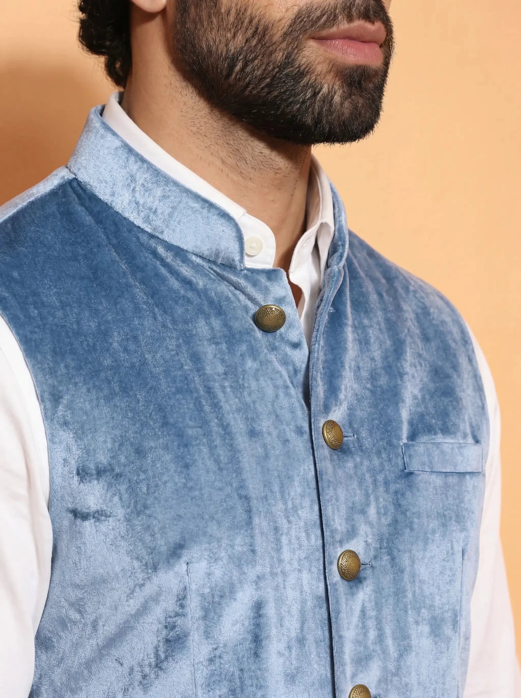 Men's Light Blue Velvet Nehru Jacket - Jaipuri Crown
