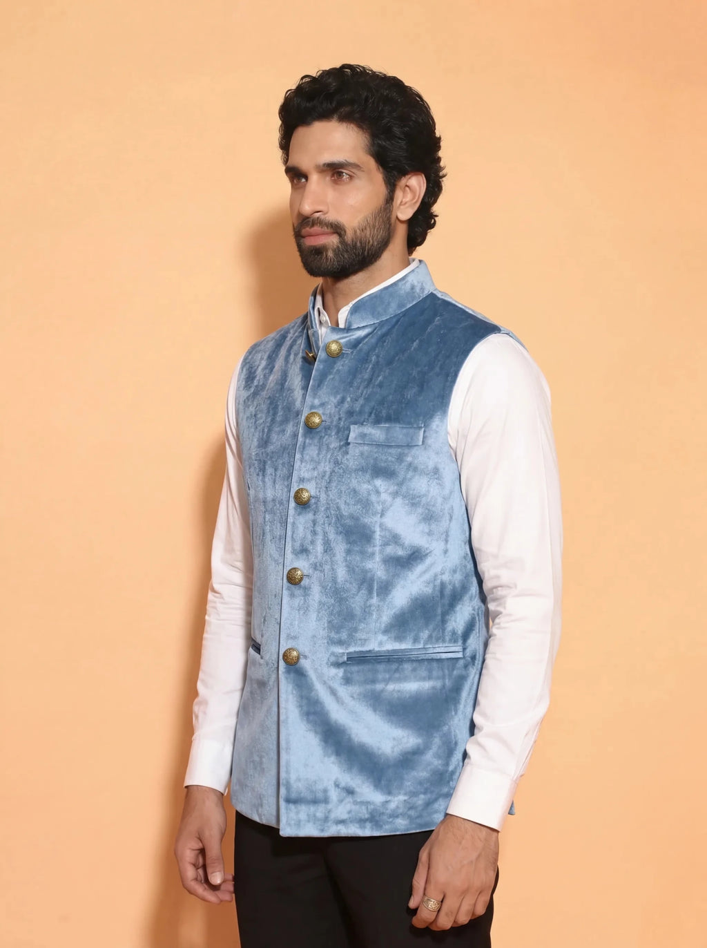 Men's Light Blue Velvet Nehru Jacket - Jaipuri Crown