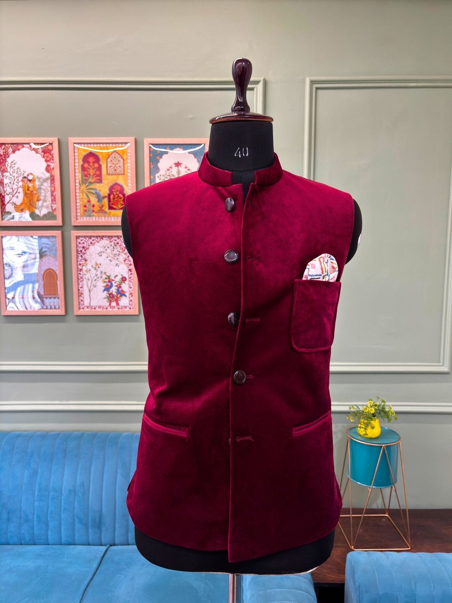 Men's Maroon Velvet Nehru Jacket - Jaipuri Crown