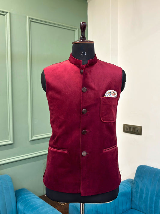Men's Maroon Velvet Nehru Jacket - Jaipuri Crown