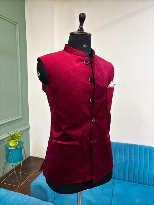 Men's Maroon Velvet Nehru Jacket - Jaipuri Crown