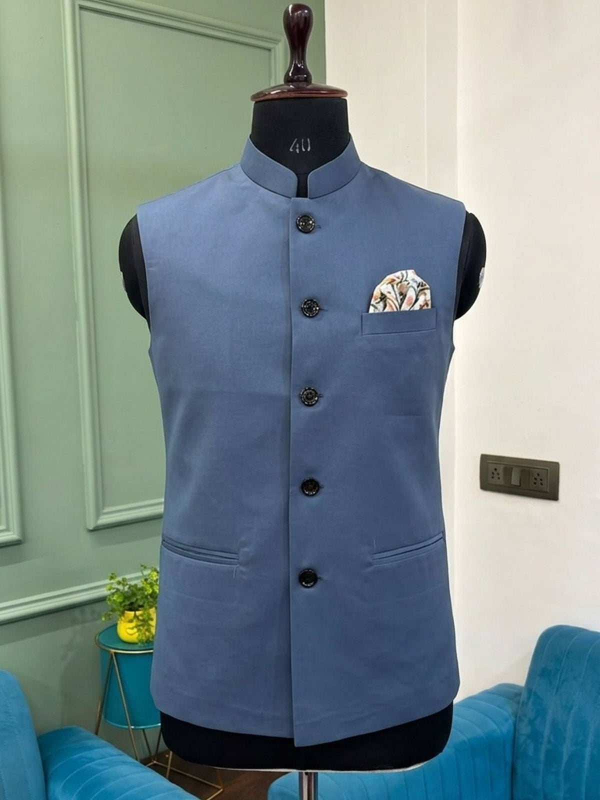 Men's Ocean Blue Nehru Jacket - Jaipuri Crown