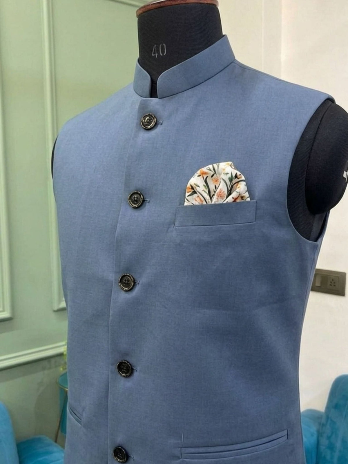 Men's Ocean Blue Nehru Jacket - Jaipuri Crown