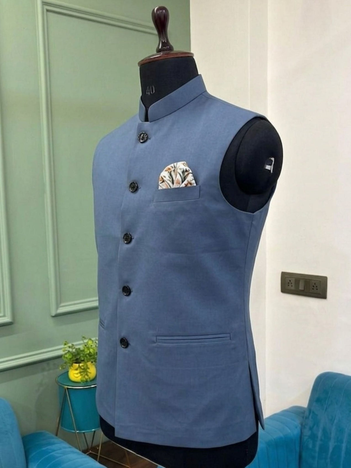 Men's Ocean Blue Nehru Jacket - Jaipuri Crown