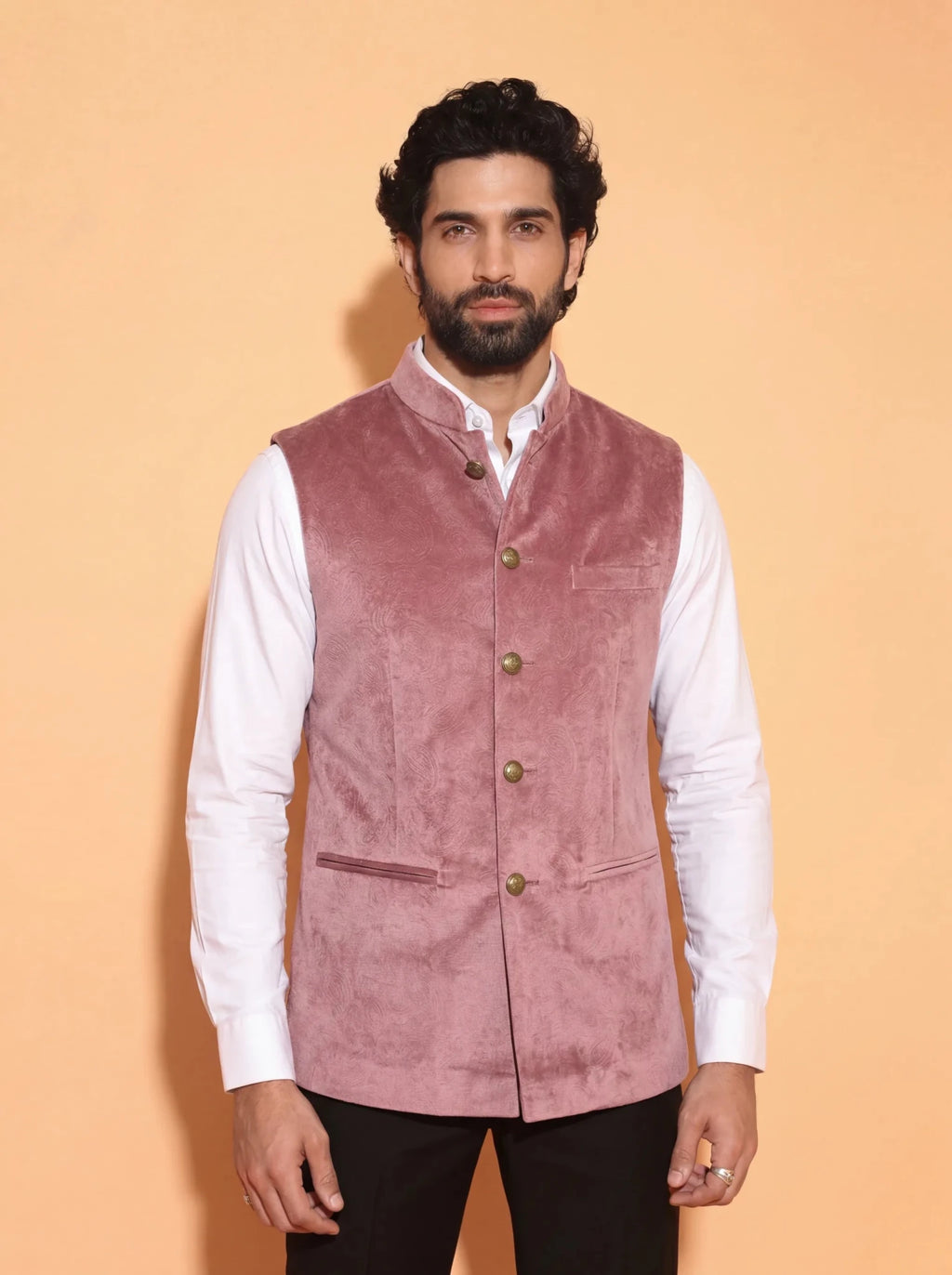 Men's Pink Velvet Nehru Jacket - Jaipuri Crown