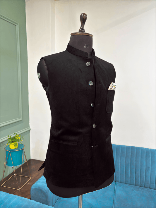 Men's Royal Black Velvet Nehru Jacket - Jaipuri Crown